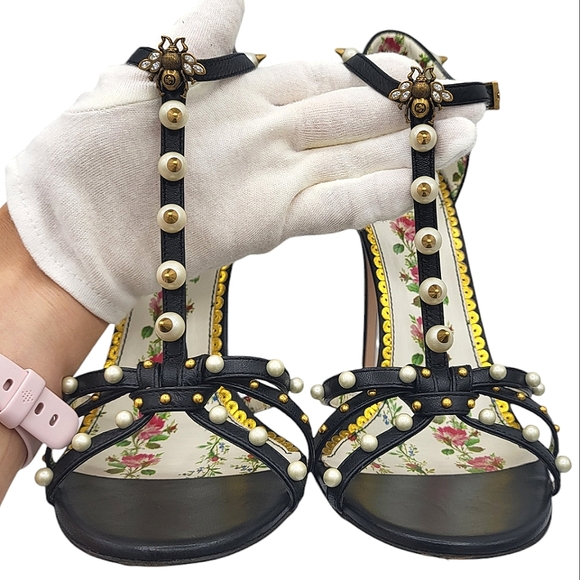 Gucci Regina Pearl Studded Strappy Sandals Black 40 - Picture 7 of 16
